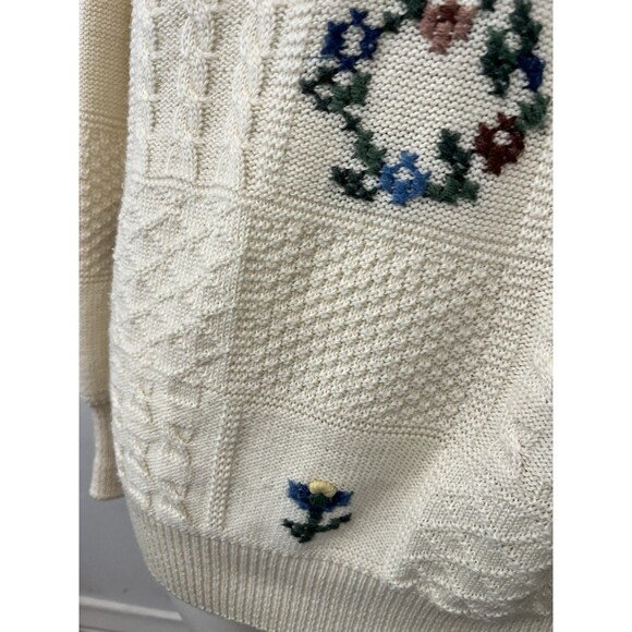 Yessiva Cream Floral Crochet Knit Embroidered Rustic Crew Neck Wool Sweater Med - Picture 7 of 10